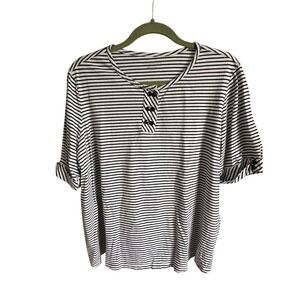 Appleseed's Women 1X Black White Striped Henley Half Sleeve Knit Top RN‎ 76915